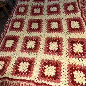 Vintage Afghan Crochet Granny Square Pink Cream Handmade 73x45 Throw Bed Couch
